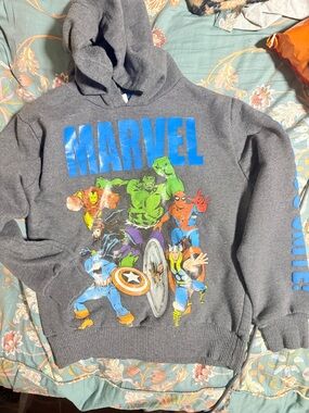 Marvel Gray Kids Hoodie with Blue Logo and Multicolor Avengers Print